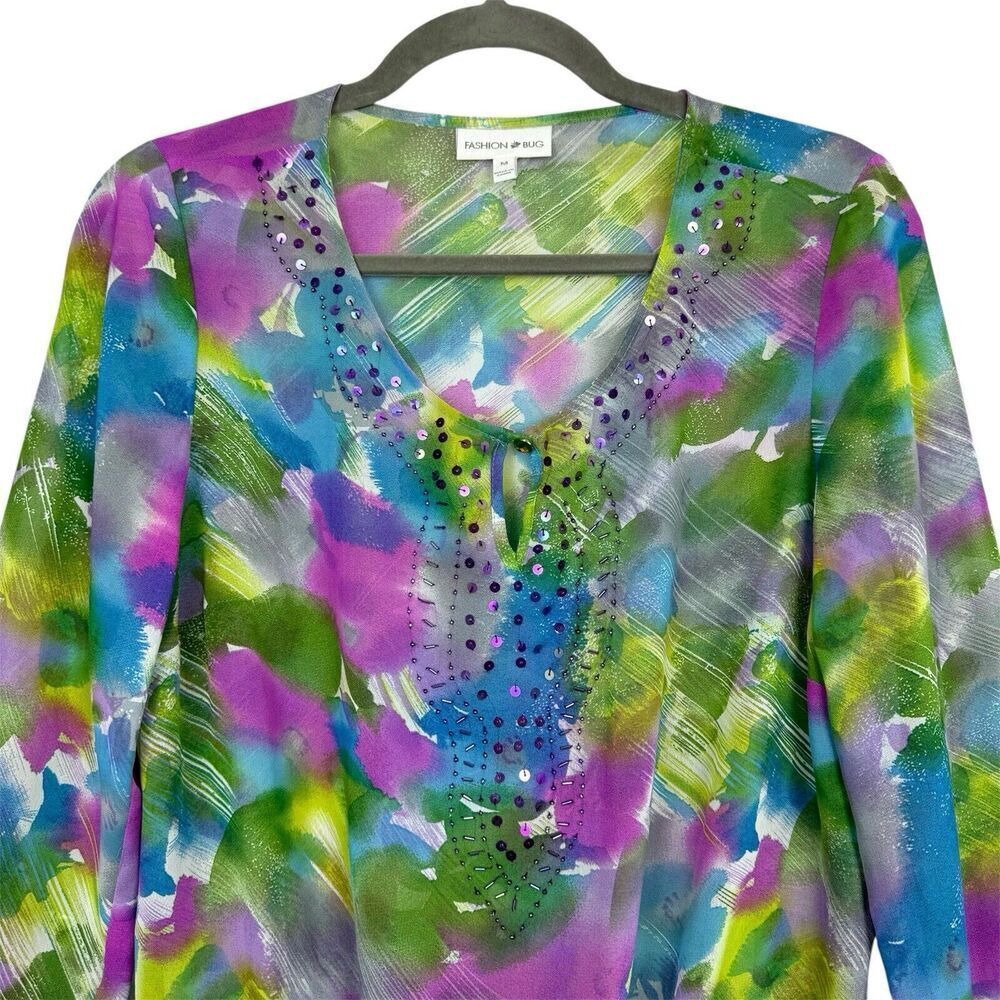 Vintage 90s Y2K Fairy Sheer Beaded Sequin Floral Multicolor Blouse M Drop Waist - Picture 3 of 8